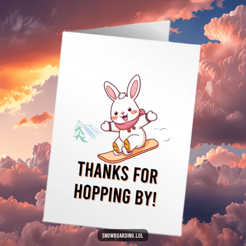 Funny Free Printable Thank You Card: A happy rabbit snowboarder zooming downhill, expressing thanks with a cheerful smile.