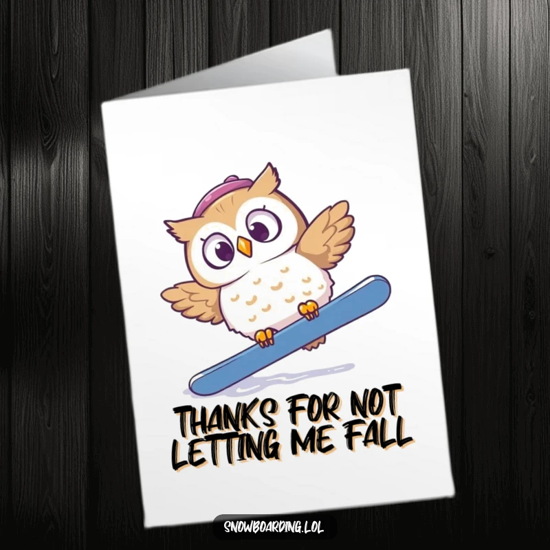 Funny Free Printable Thank You Card with a startled owl tumbling off its snowboard, thanking someone for their attempt.
