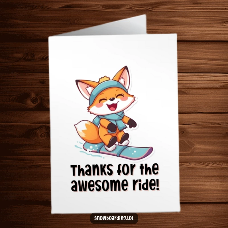 Free Printable Thank You Card: Joyful fox catching air on a snowboard with a grin, expressing thanks.