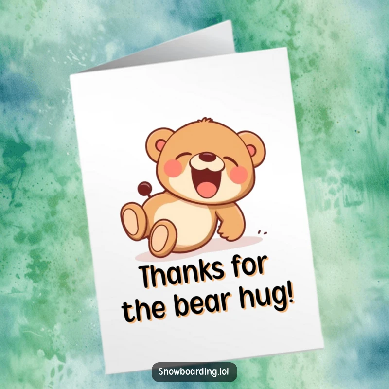 Funny Free Printable Thank You Card: Giggling bear cub hilariously tumbling down a grassy slope, expressing thanks with a smile.