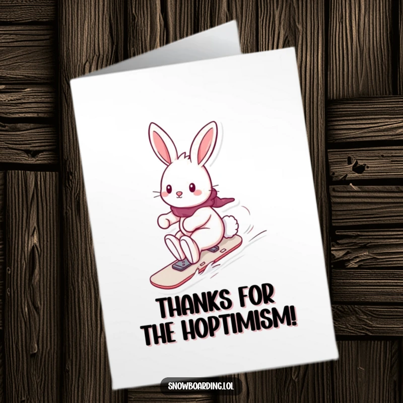 Funny Free Printable Thank You Card: A playful bunny with a fluffy tail enjoys snowboarding, sending a cute thank you.