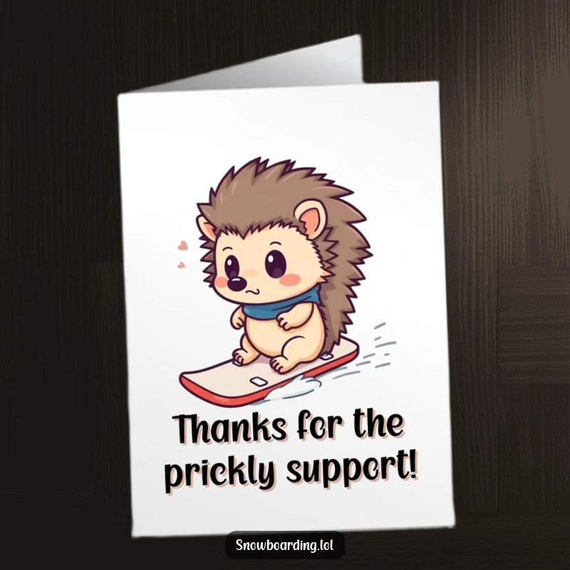 Funny Free Printable Thank You Card: Curious hedgehog looks surprised riding a tiny snowboard, sending a funny thank you.
