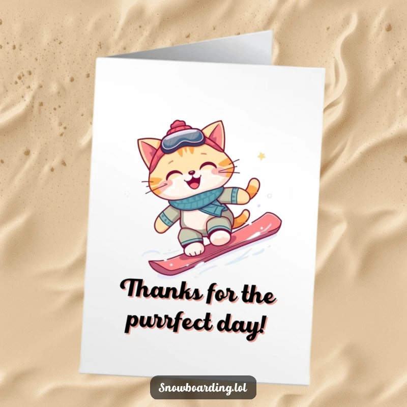 Funny Free Printable Thank You Card: A smiling cat snowboarder showing appreciation while carving down a snowy slope.