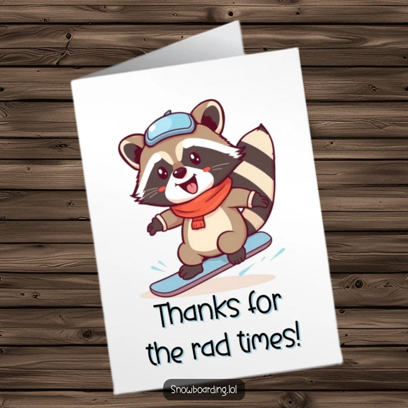 Funny free printable thank you card of a gleeful raccoon doing a cool snowboard spin, expressing gratitude with wild energy.