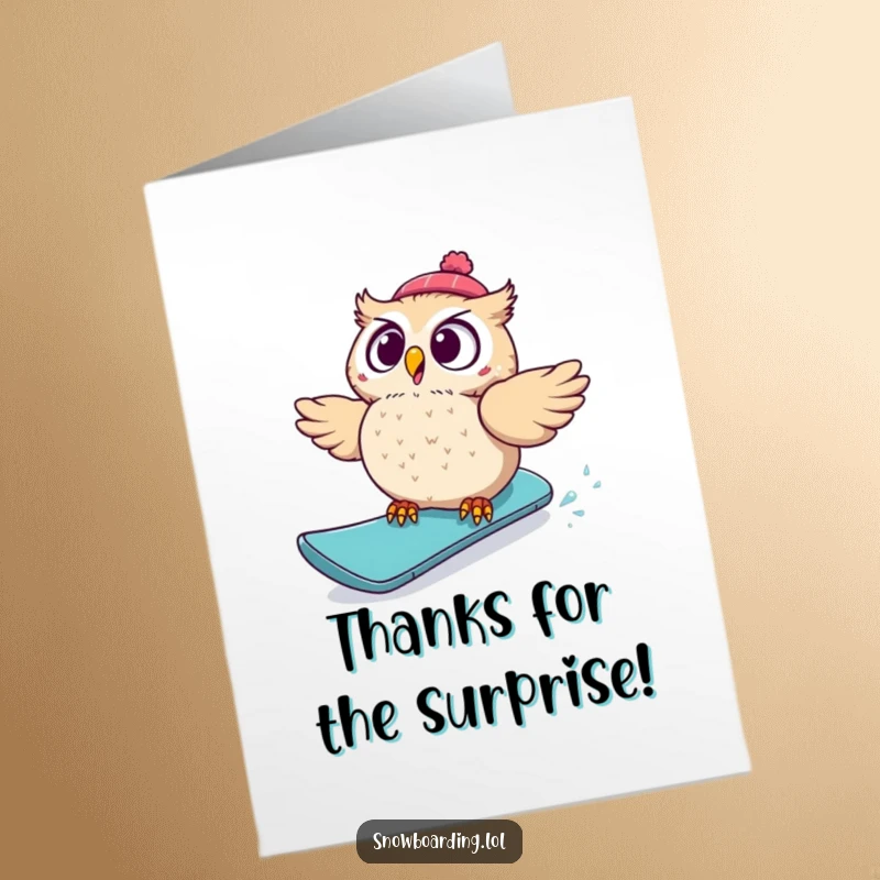 Funny Free Printable Thank You Card: A startled owl comically tumbles off its snowboard, offering a humorous expression of thanks.