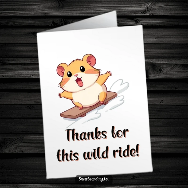 Free Printable Thank You Card: Surprised hamster tumbling down a snowy slope on a snowboard, a funny gesture.