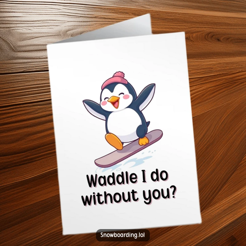 Funny Free Printable Thank You Card: A penguin with flailing arms trying a snowboard jump, looking comically determined.