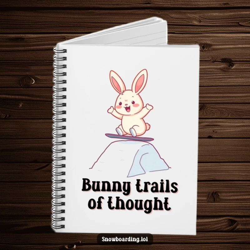 Funny notebook cover featuring a bunny joyfully snowboarding and jumping, ideal for notes and creative leaps.