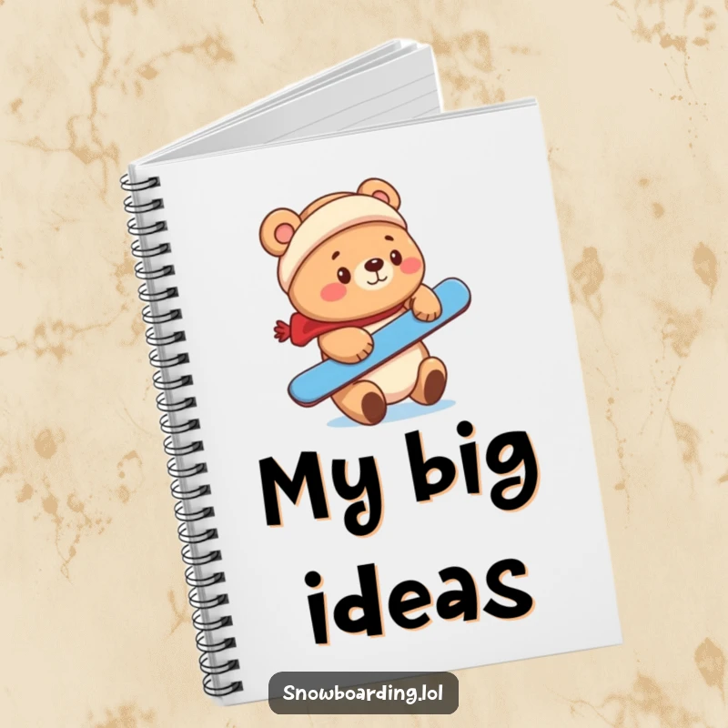 Funny cute bear balancing a snowboard on its nose on a notebook cover.