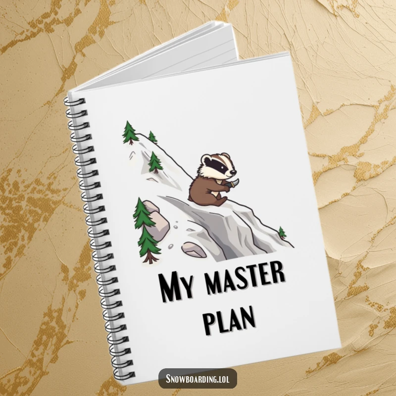 Funny notebook with a brave badger snowboarding down a mountain, carving smooth, confident turns.