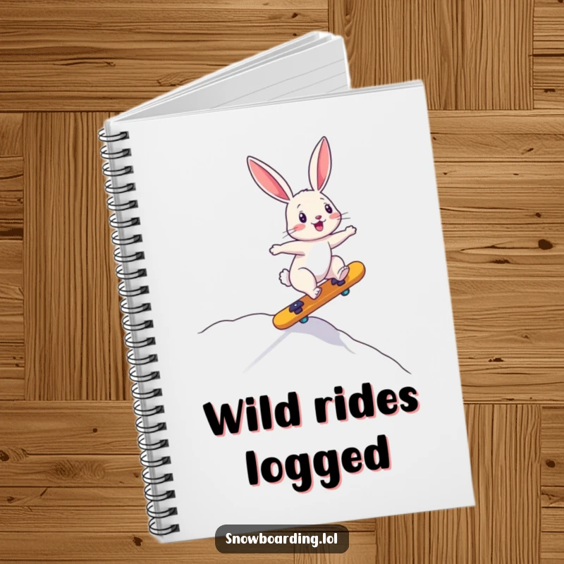 Funny notebook with a bouncing bunny precariously riding a board downhill, perfect for writing down energetic and funny notes.
