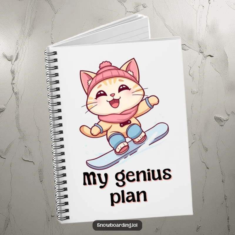 Funny notebook with a curious cat snowboarding on the cover, ideal for jotting down ideas with a humorous touch.
