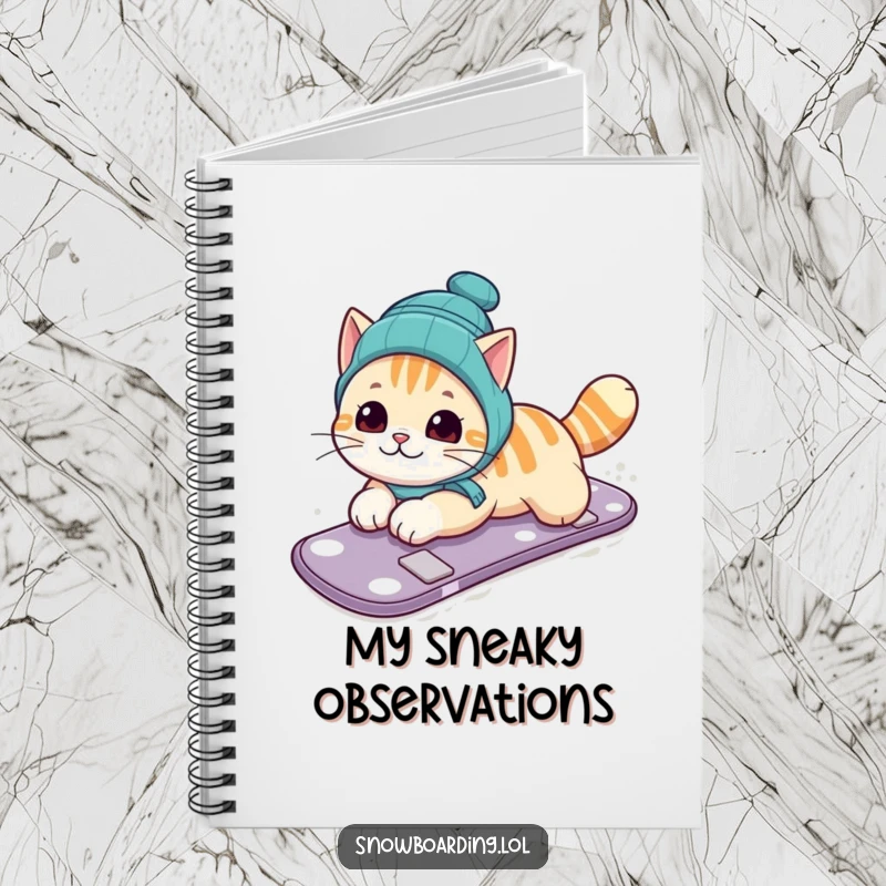 Funny notebook featuring a curious cat sliding on its belly on a snowboard, ready to inspire funny notes and creative plans.