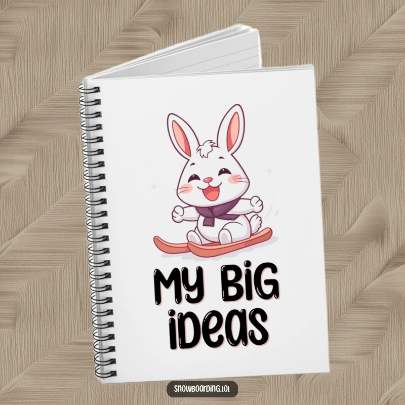 Funny cheerful rabbit carving a snowboard turn on a notebook design, inspiring happy and humorous entries for users.