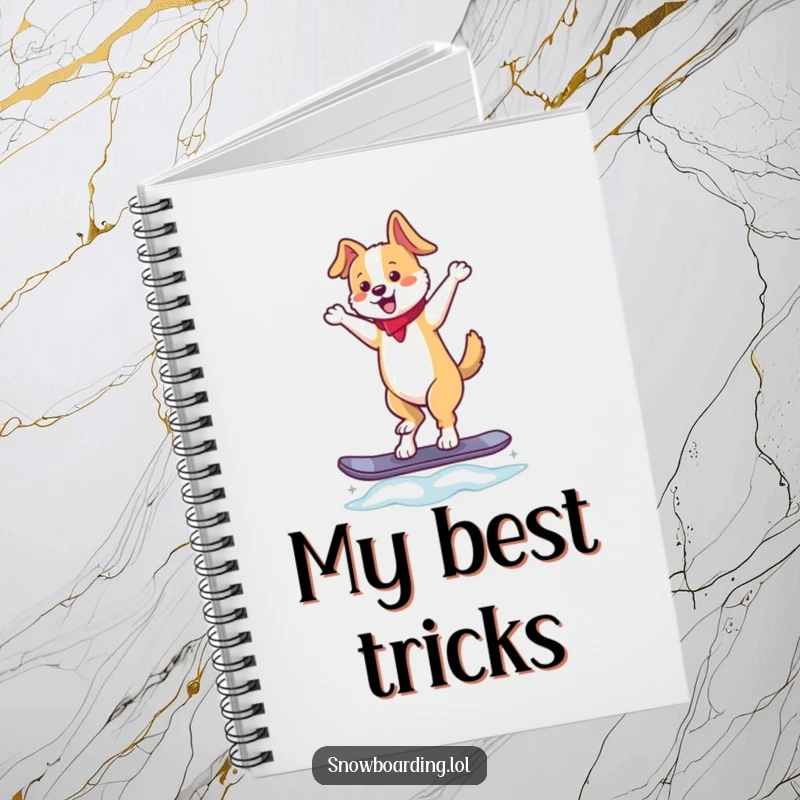 Funny notebook cover featuring a dancing dog balancing on a snowboard with a wagging tail, ideal for journaling and note-taking, a hilarious gift.