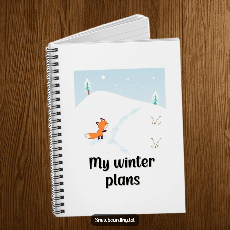 Funny notebook cover with a determined fox skiing down a snowy hill, encouraging notes and ideas with a humorous, adventurous theme.