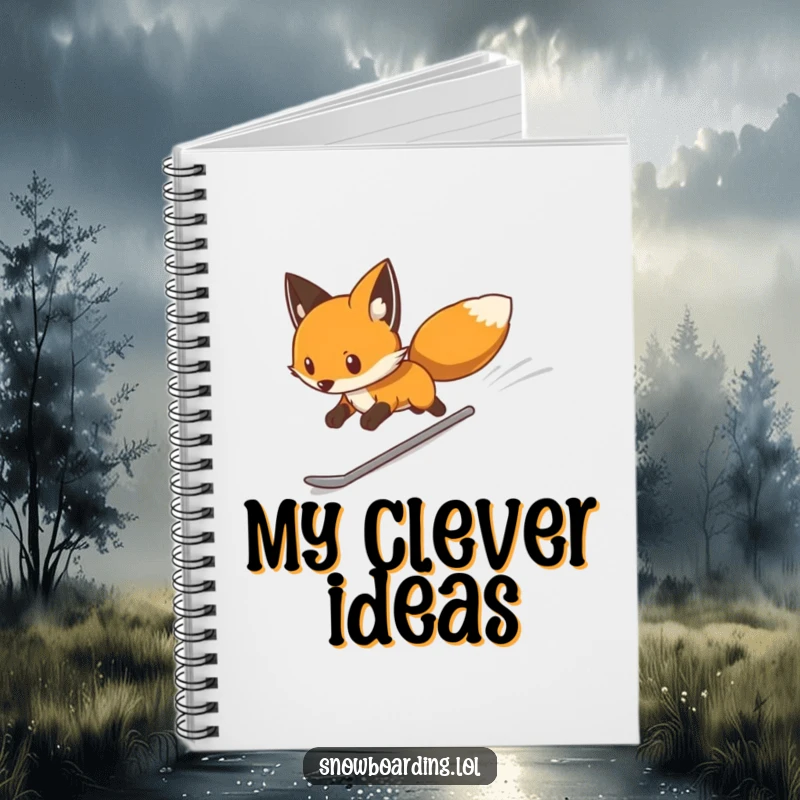 Funny notebook cover featuring a determined fox snowboarding swiftly down a white slope, ideal for planning and note-taking with focused humor.