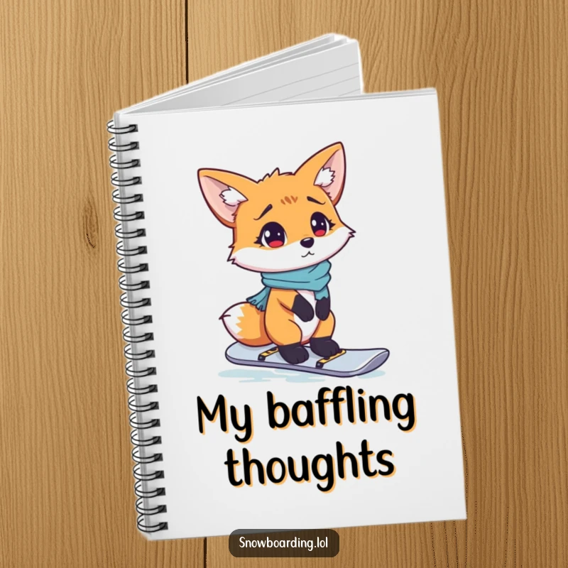 Funny notebook with a confused fox attempting to stand on a snowboard, ready for creative thoughts.