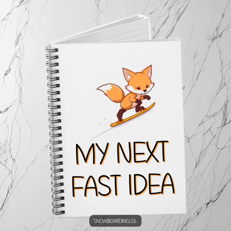 Funny fox skiing notebook, featuring a determined fox swiftly descending a snowy slope, ready for your notes.