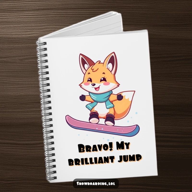 Funny notebook featuring a smiling fox mid-jump on a snowboard, ready to inspire funny notes and creative ideas.