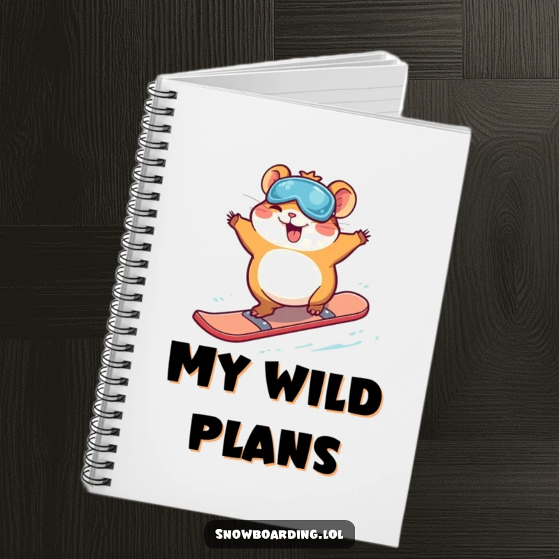 Funny giggling hamster mid-snowboard jump on a notebook design, inspiring creative and humorous entries for users.