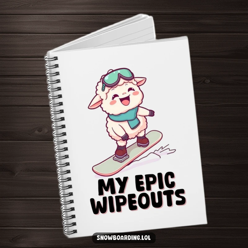 Funny notebook cover shows a sheep hilariously losing balance while snowboarding, pen in hoof. Great for notes.