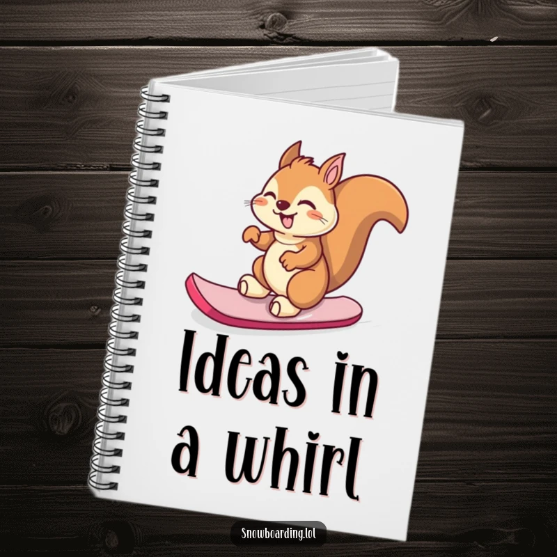 Funny giggling squirrel spinning on its snowboard on a notebook cover, inspiring joyful note-taking.