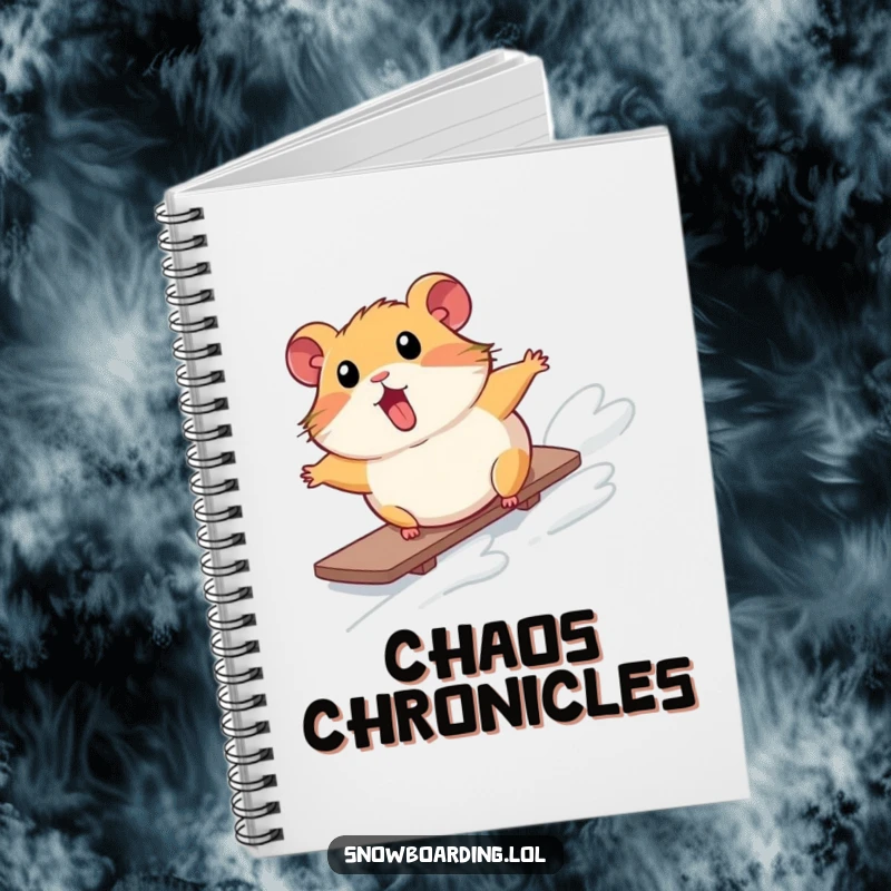 Funny notebook cover with a surprised hamster comically tumbling down a snowy slope on a snowboard, designed for note-taking with humor.