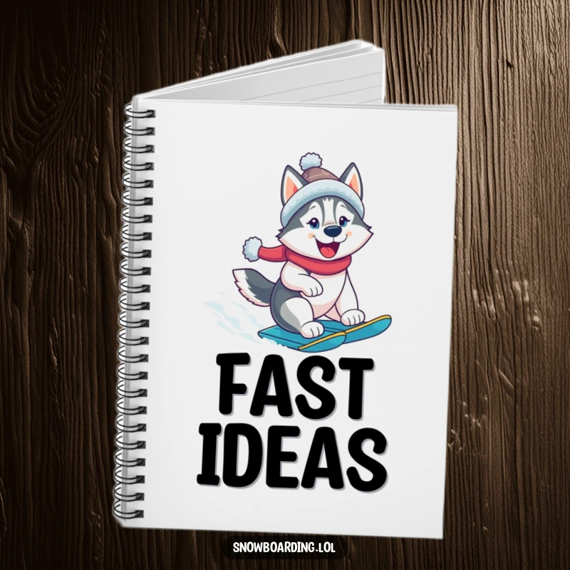 Funny husky notebook, a cheerful dog snowboarding, for jotting down notes. A humorous stationery item.