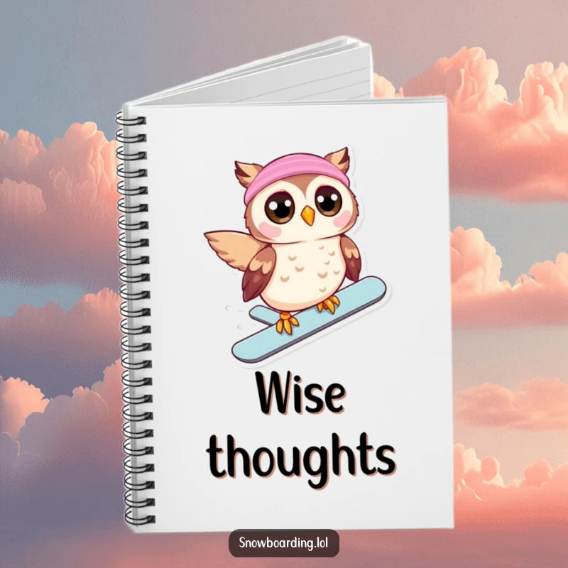 Funny notebook with a beaming owl, eyes wide, snowboarding downhill, ideal for notes and humorous winter inspiration.