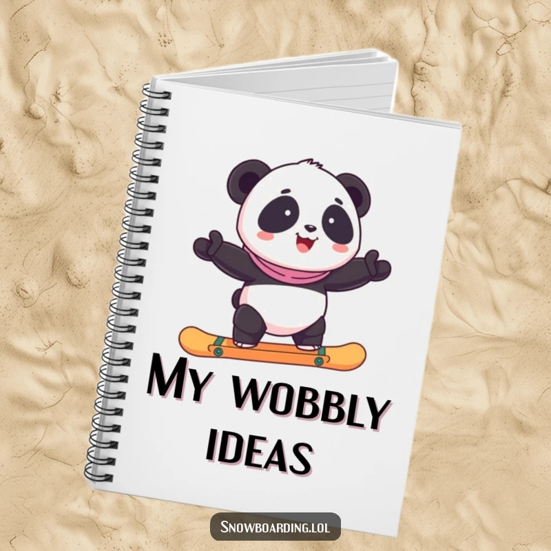 Funny happy panda balancing on a snowboard, designed for note-taking in a humorous notebook.