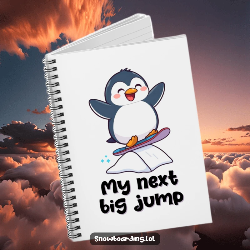Funny notebook with a joyful penguin snowboarding on the cover, ideal for jotting down ideas with a humorous touch.