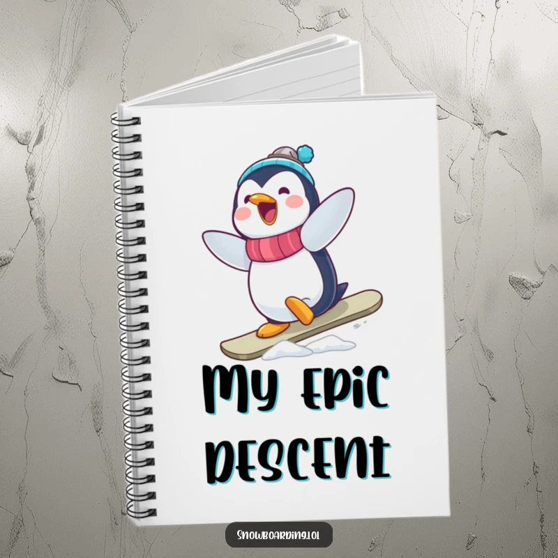 Funny Penguin Snowboarder Notebook: A delighted penguin performing a wobbly, funny snowboard trick on the cover.