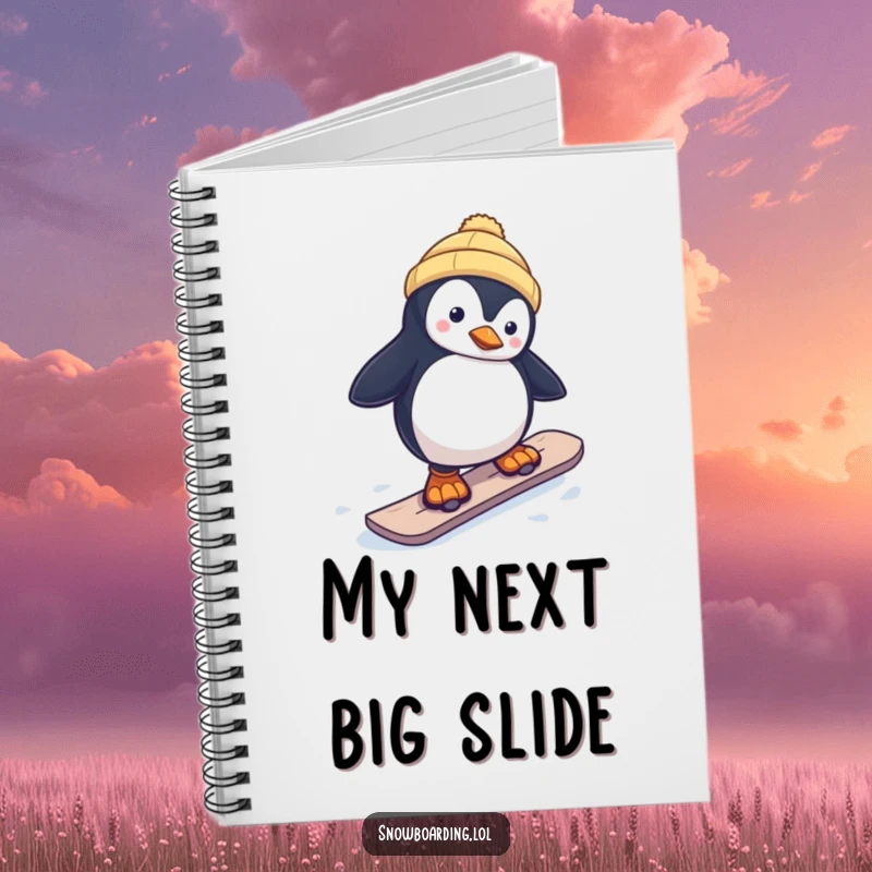 Funny notebook with a curious penguin wobbling on a snowboard, designed for jotting down ideas with a humorous, wintery flair.