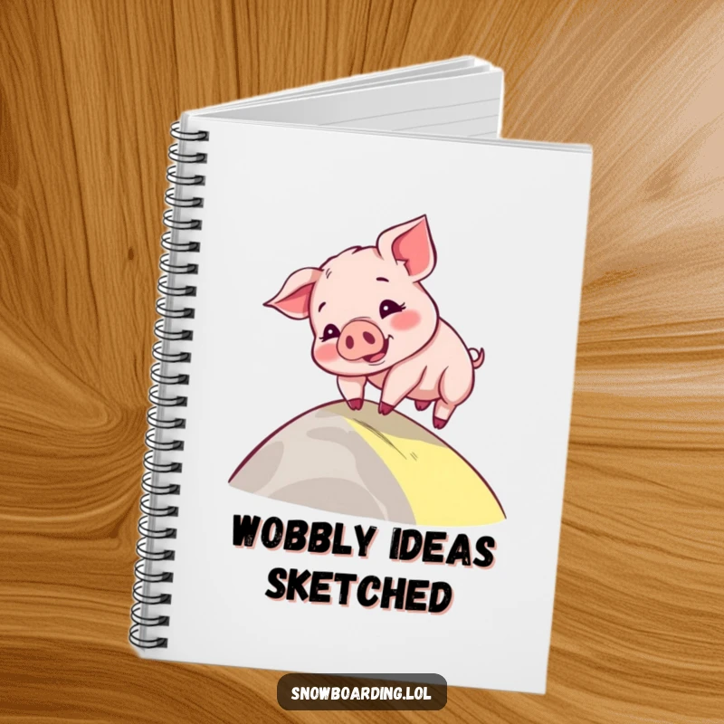 Funny notebook with a playful piglet comically wobbling down a slope, a cartoon character inspiring cute, farm-themed ideas.