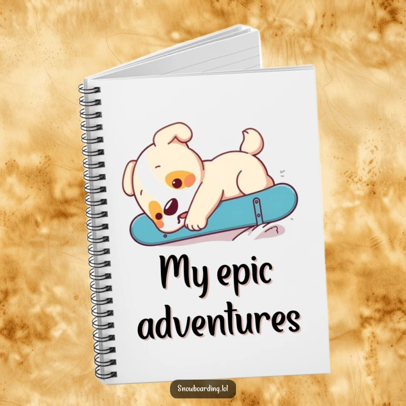Funny puppy mid-fall on a snowboard, depicted on a notebook for jotting down hilarious canine adventures.