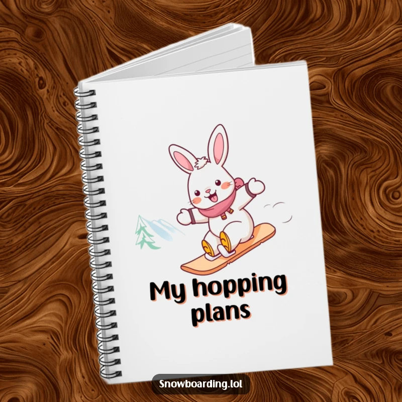 Funny rabbit snowboarding notebook, featuring a cheerful rabbit speeding down a mountain on a snowboard, ideal for quick notes.