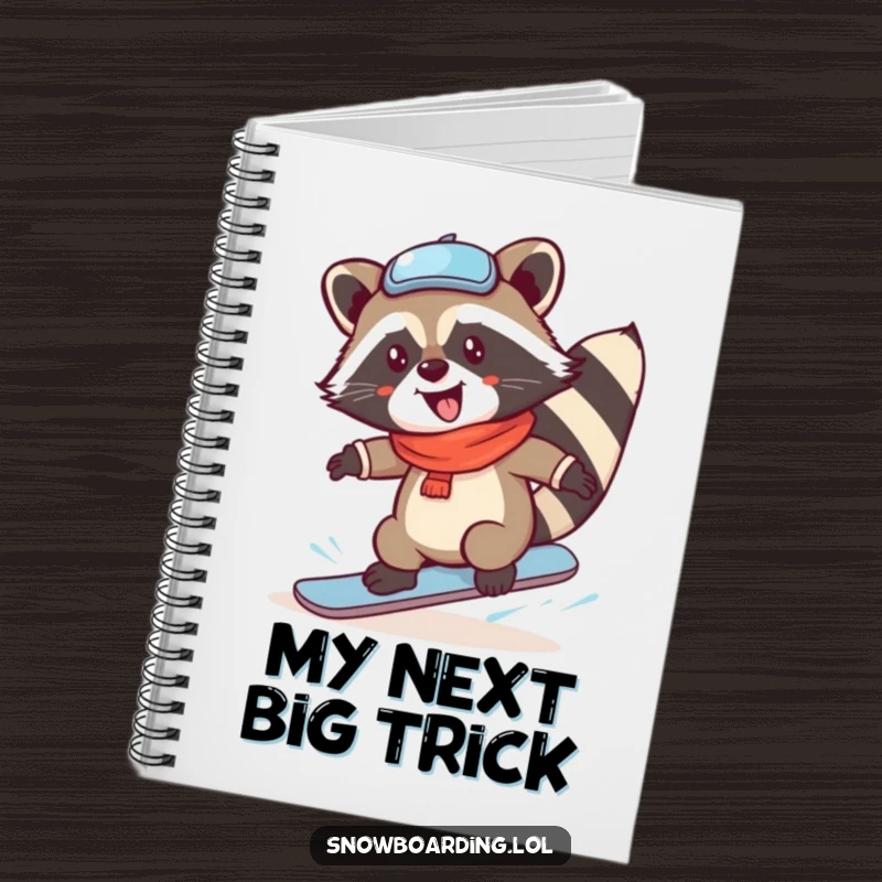 Funny Raccoon Snowboard Notebook, perfect for jotting notes, featuring a character in a joyous winter sports spin.