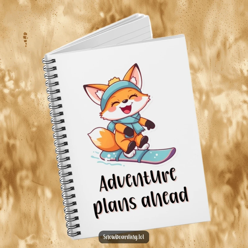 Funny notebook cover with a joyful fox catching air on a snowboard, grinning, designed for note-taking with energetic flair.