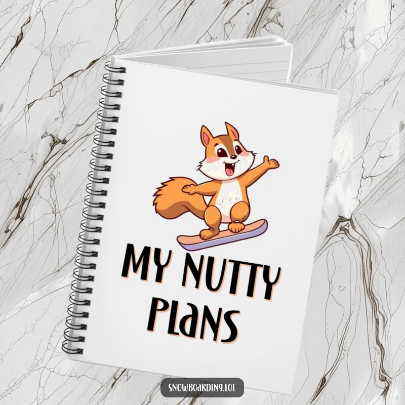 Funny squirrel snowboard notebook with a squirrel jumping, ideal for jotting notes with a touch of humor.