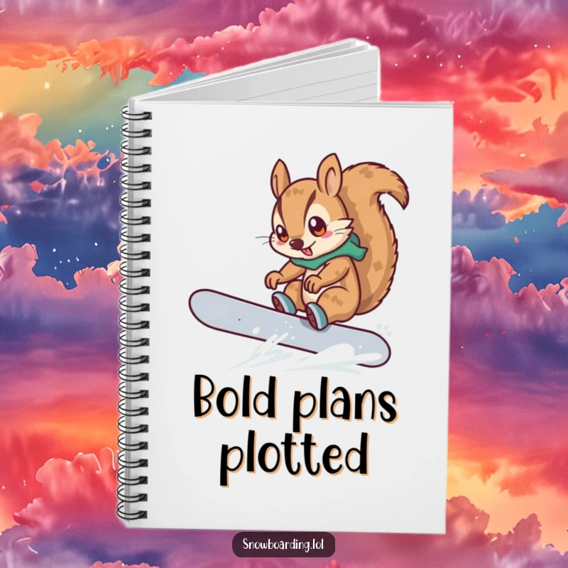 Funny notebook with a determined squirrel snowboarding and attempting a trick, a cartoon character inspiring bold, winter-themed ideas.