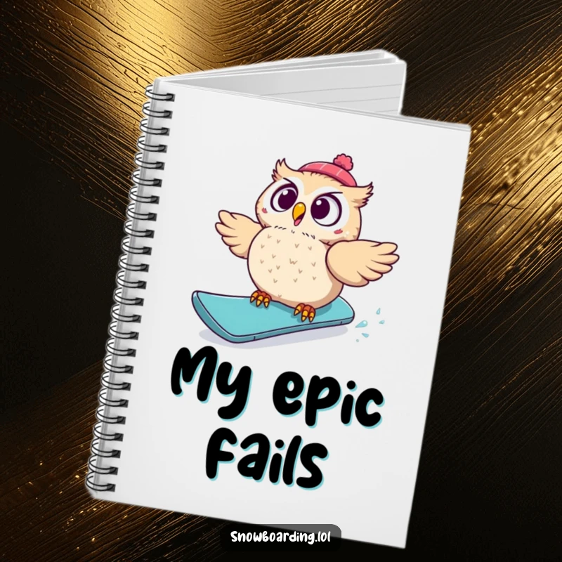 Funny notebook cover showing a startled owl tumbling off a snowboard, eyes wide with surprise, ideal for capturing thoughts with humor.