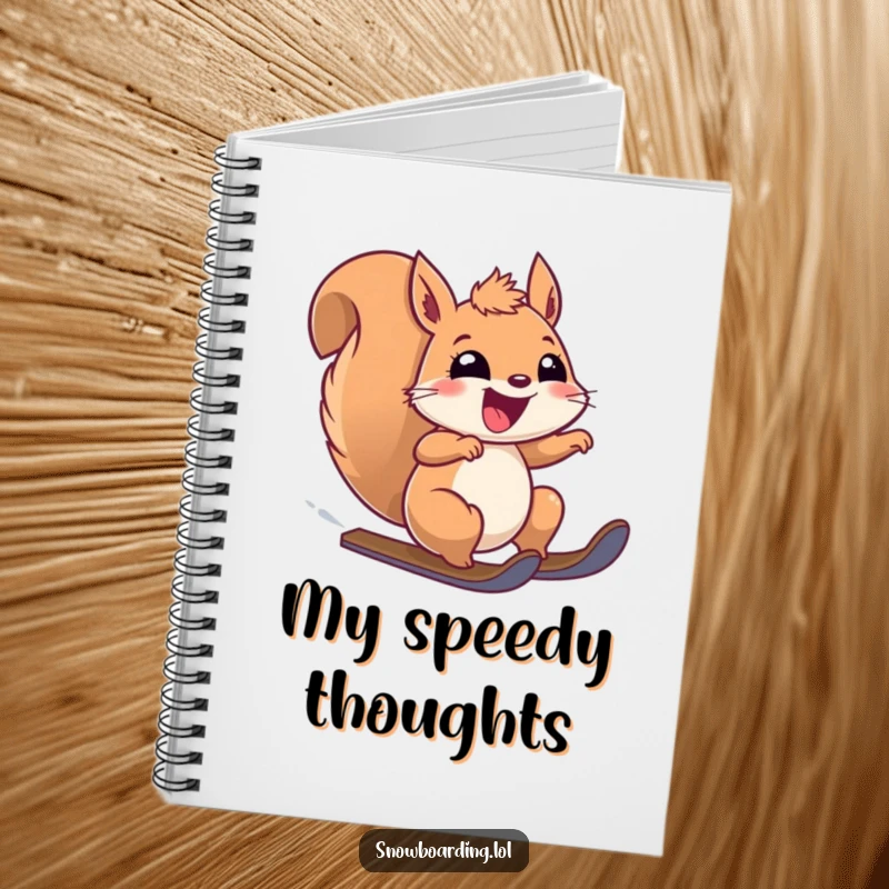 Funny notebook cover shows a happy squirrel zooming downhill, pen in paw. Great for notes and ideas.