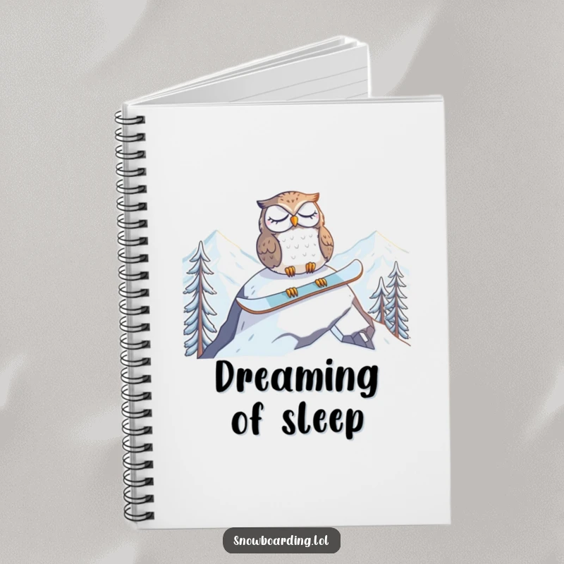 Funny notebook with a tired owl napping on a snowboard at the mountain peak, perfect for writing down sleepy and funny notes.