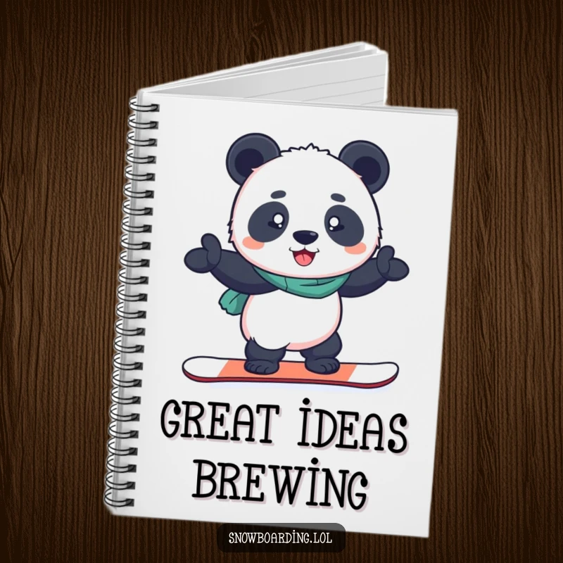 Funny notebook cover featuring a panda joyfully balancing on a snowboard, ideal for notes and focused ideas.