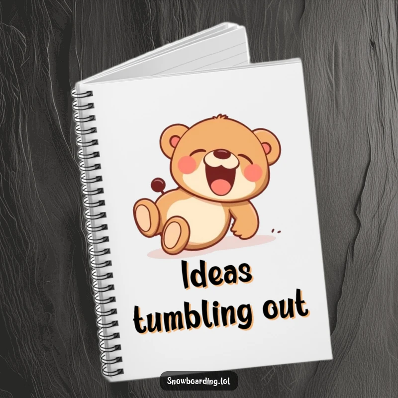 Funny notebook with a bear cub tumbling downhill, laughing, a cartoon character inspiring playful thoughts and ideas.