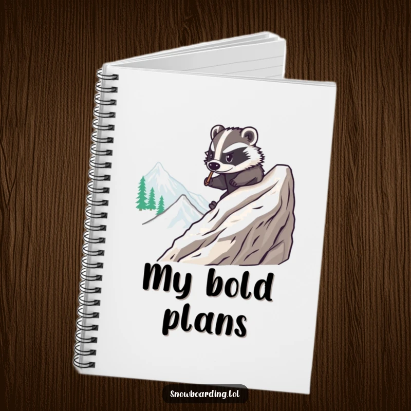 Funny notebook cover featuring a brave badger smoothly snowboarding down a mountain, ideal for planning and note-taking with a humorous flair.