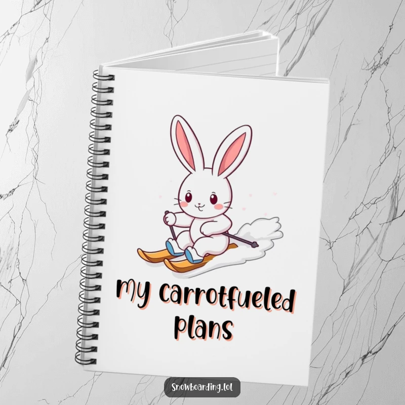 Funny notebook featuring a cheerful bunny carving down a snowy slope on a snowboard, inspiring funny notes and winter plans.