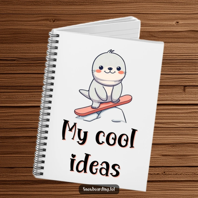 Funny seal balancing on a snowboard, ready to jot down hilarious notes, a fun Arctic journal.