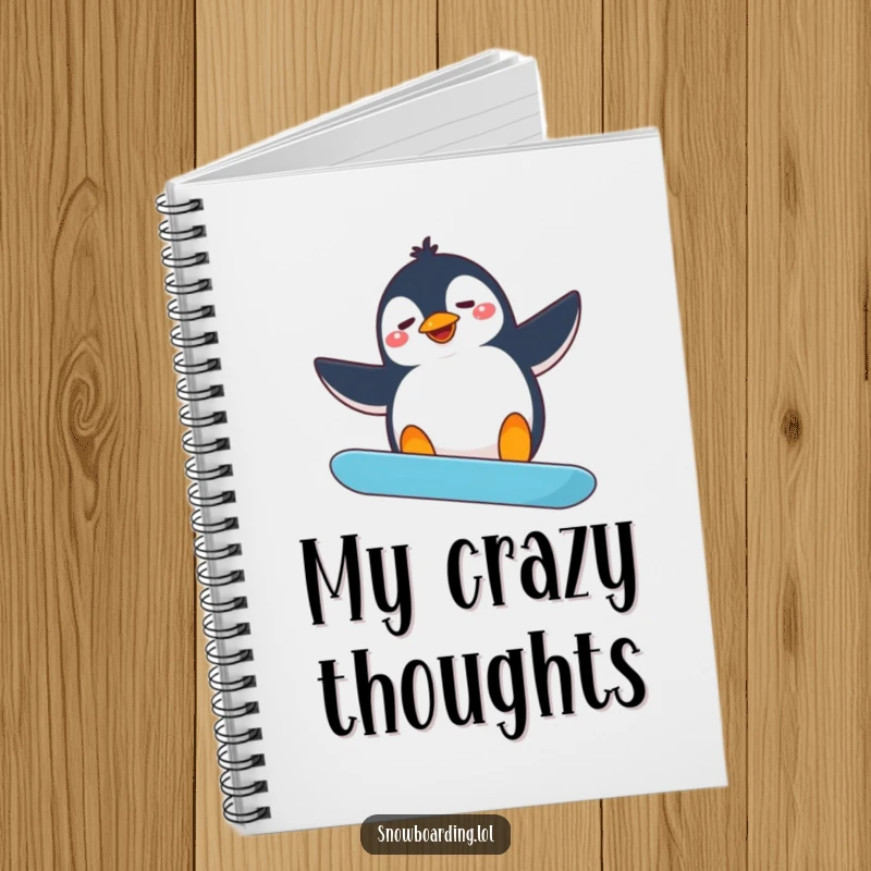 Funny penguin snowboarding notebook, featuring a silly penguin with flailing arms attempting a snowboard spin, great for notes.